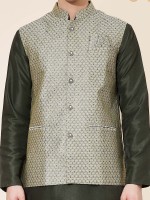 Dark Green Pure Silk Readymade Kurta Pajama With Jacket